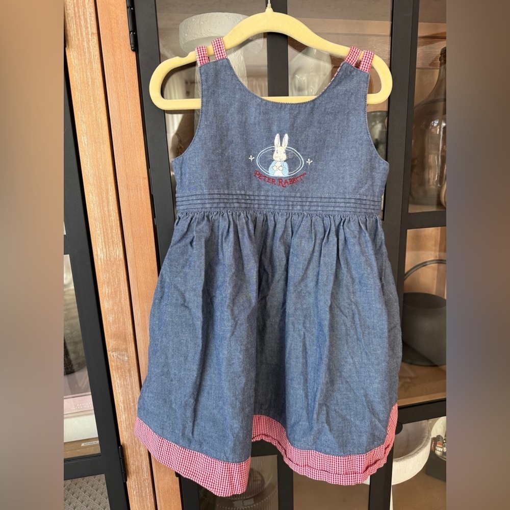 Vintage Peter Rabbit embroidered denim dress toddler girl gingham y2k